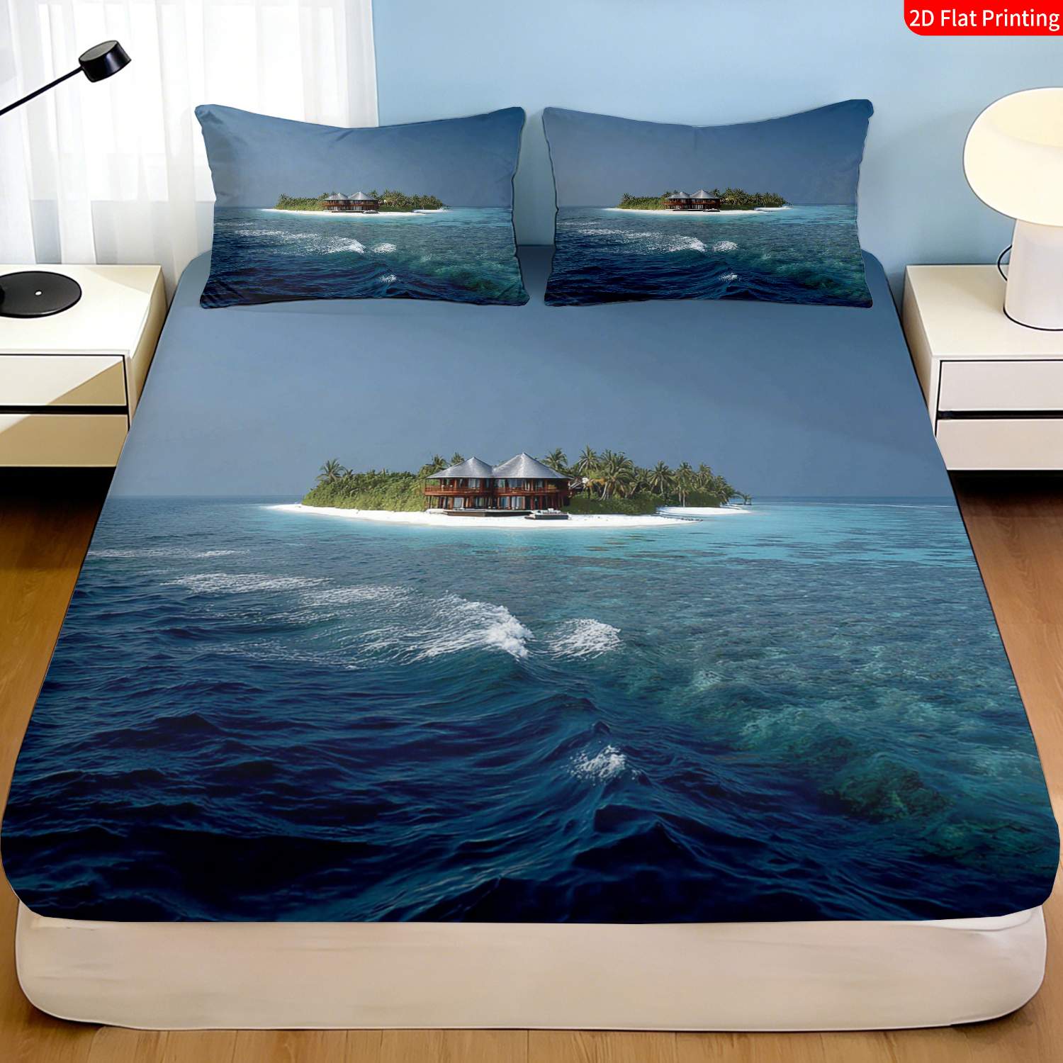 Fitted Bed Sheets Deep Pocket - Tropikal Ada Yatak Örtüsü Seti, Palmiye