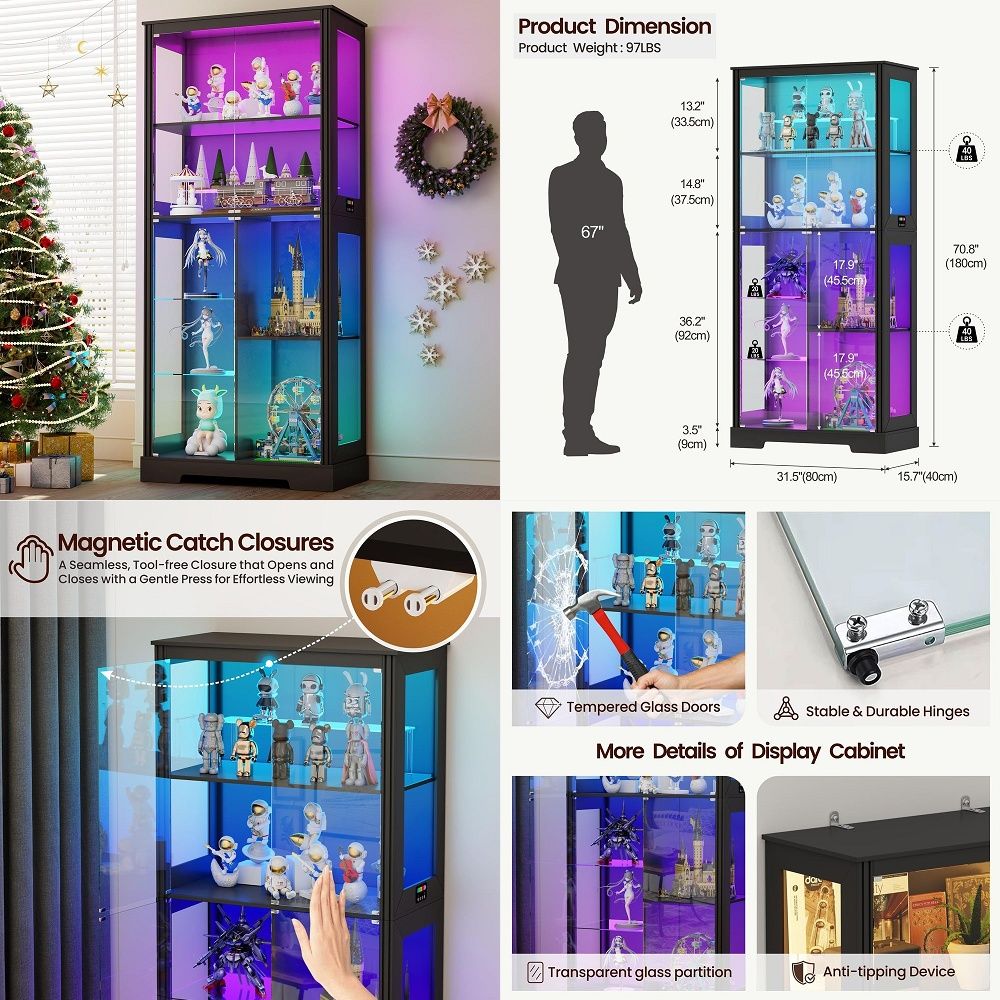Storage & Organization - Işıklı Köşe Vitrin Dolabı, Temperli Cam