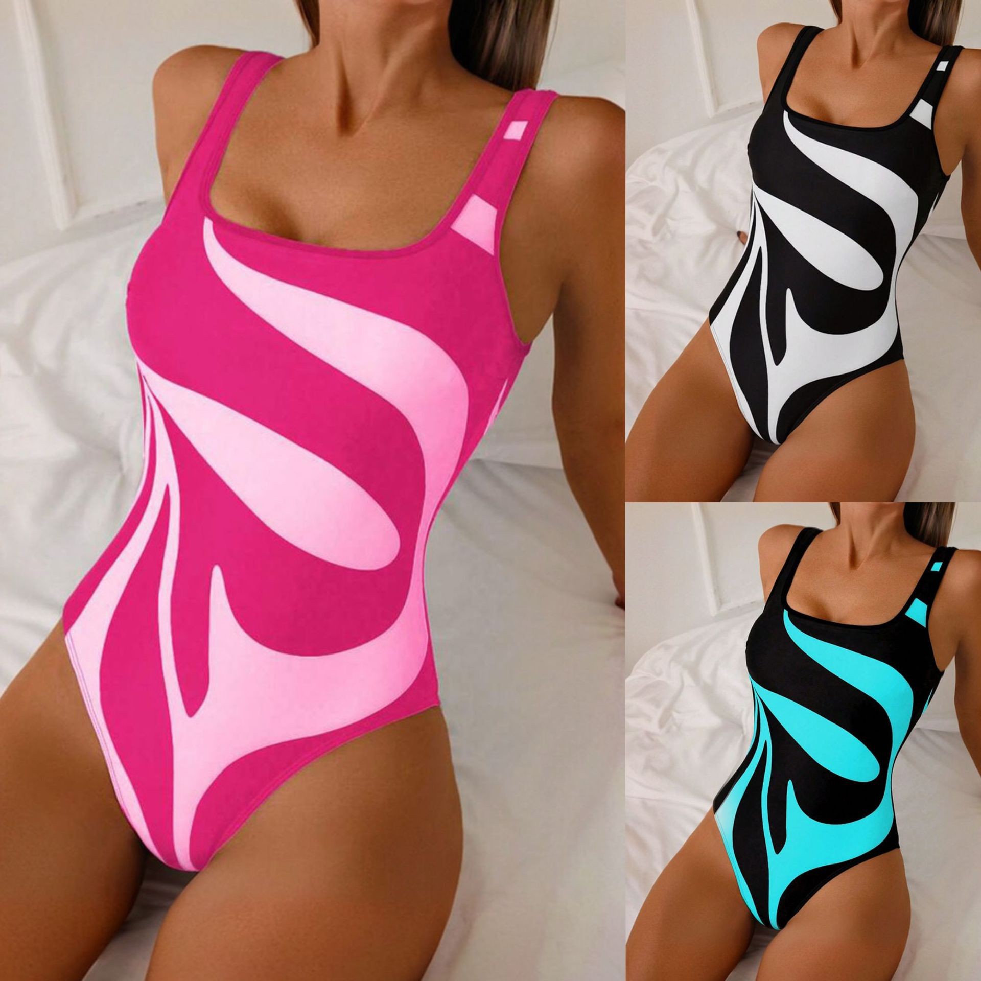 Bath - Kadın Tankini Soyut Baskılı Bikini Yüksek