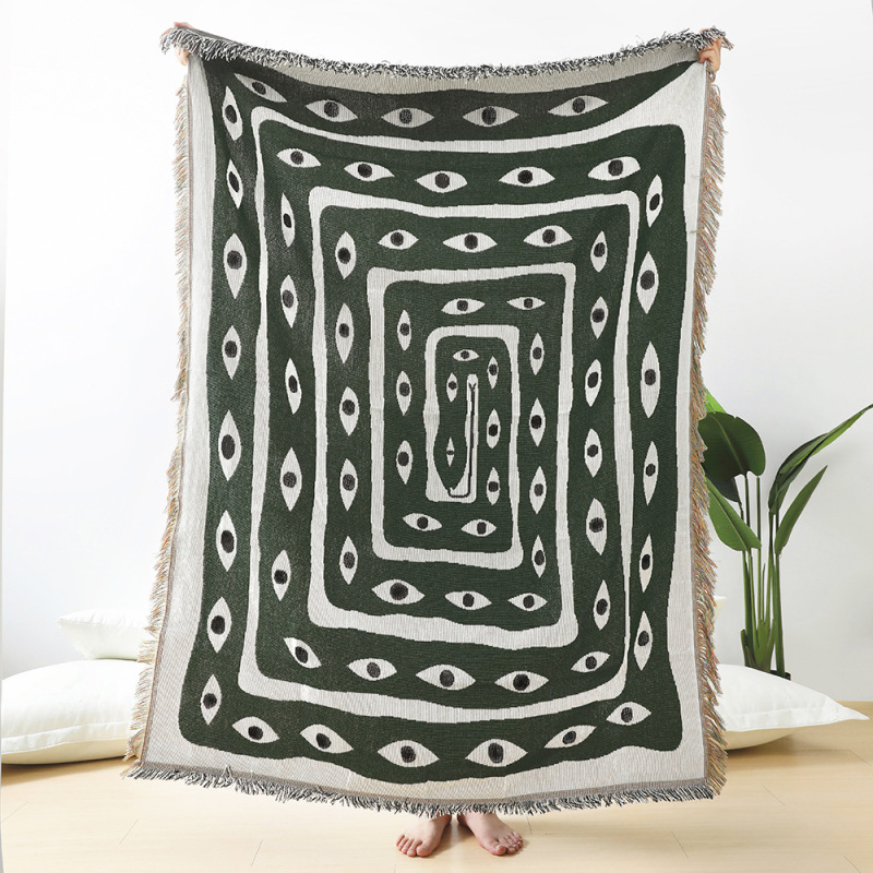 Boho Throw Blanket Fringe - Yeşil Beyaz Nazar Boncuklu Jakarlı Battaniye,